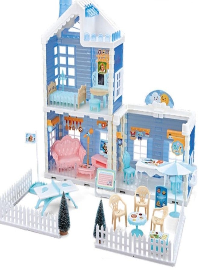 EXOMOON بيت أحلام إكسومون للبنات - بيت دمى للأطفال الصغار مكون من طابقين و3 غرف - بيت لعب مع ملحقات - لعبة هدية إبداعية للبنات (أزرق) - Image 1